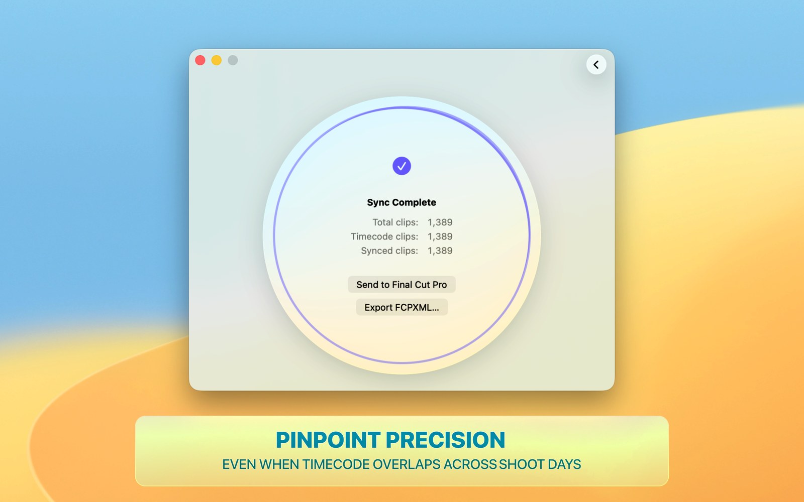 Sync complete — every clip matched by timecode, even when timecode repeats across shoot days.