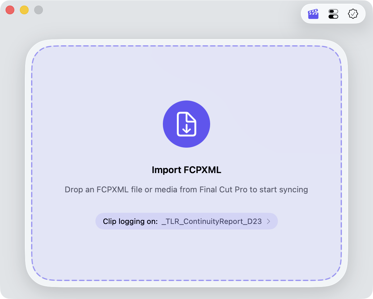 The Media Sync Tool Continuity Notes drop zone screen with clear indicators that a CSV report is imported and will be used for clip logging.