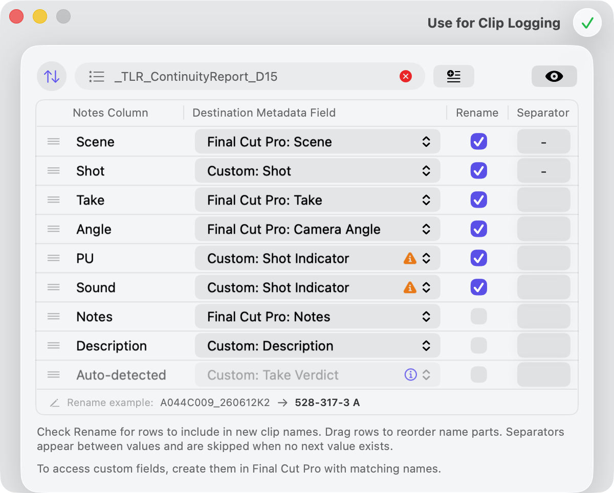The Media Sync Tool Continuity Notes screen, with each report column showing its Final Cut Pro destination, a Rename checkbox, and a separator, plus a live rename example at the bottom.