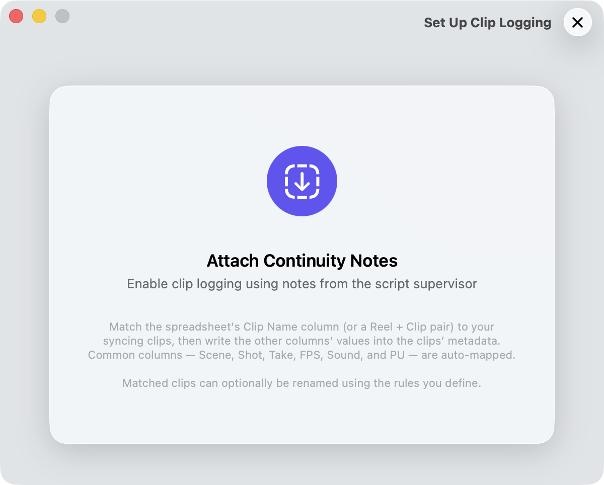 The Media Sync Tool Continuity Notes import screen, with clear description of clip logging benefits and the button to import a CSV report.