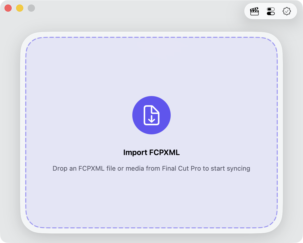 The Media Sync Tool main window: a large drop zone for an FCPXML file, with the control bar in the top-right corner.