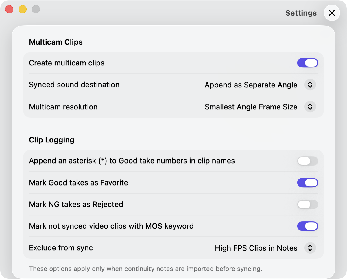 The Media Sync Tool settings window showing four grouped sections from top to bottom: Multicam Clips, Clip Logging, Metadata, and Final Cut Pro Integration, each containing pickers, toggles, and a button.