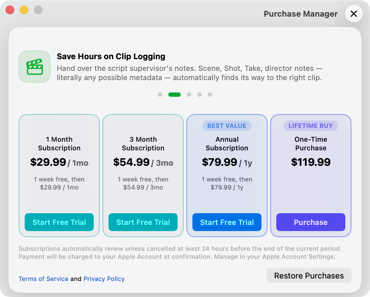 The Purchase management view in Media Sync Tool, listing monthly, quarterly, and yearly subscription options alongside a one-time purchase, each with its price and a button to subscribe or buy.