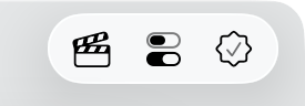 The Media Sync Tool control bar: a pill holding three icons — a clapperboard for Continuity Notes, sliders for Settings, and a seal for Subscription.