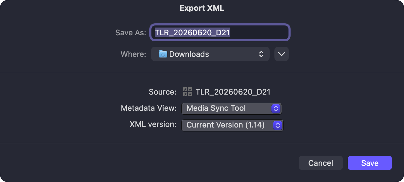 The Final Cut Pro Export XML save window with the Metadata View pop-up menu set to Media Sync Tool and the Save button highlighted.