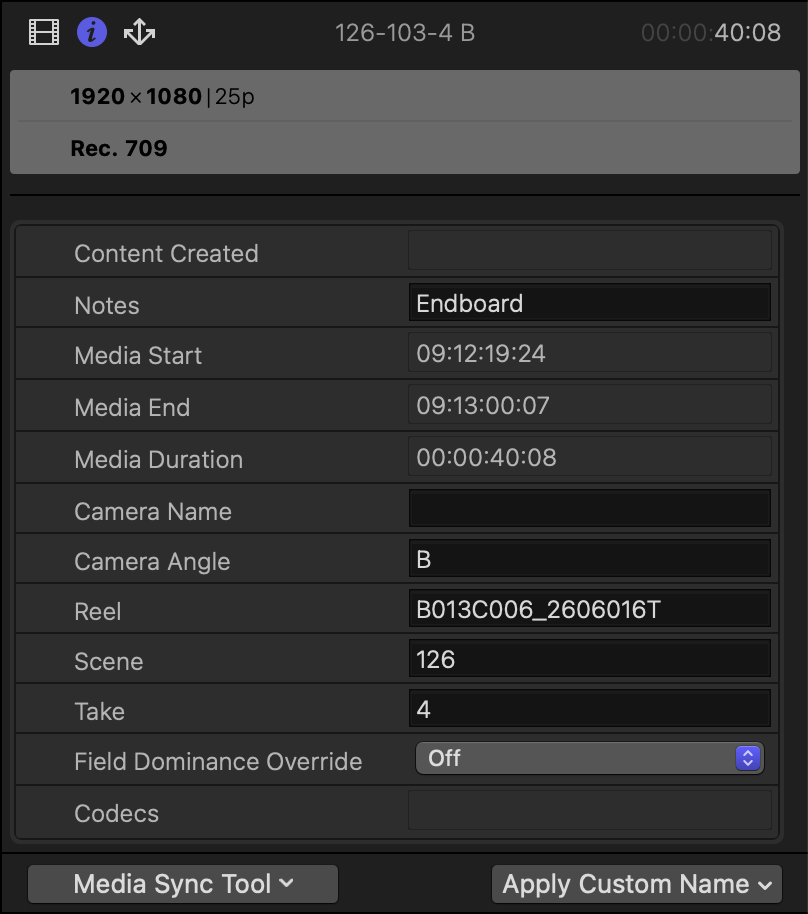 The Final Cut Pro Info inspector pane with the metadata view pop-up menu at the bottom set to Media Sync Tool, ready for dragging clips into the app.