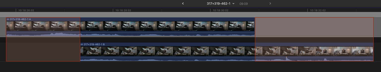 A multicam clip in the Final Cut Pro browser: two angles run the full length while a third, which started later, shows a red-striped rejected section at its head where it has no footage.
