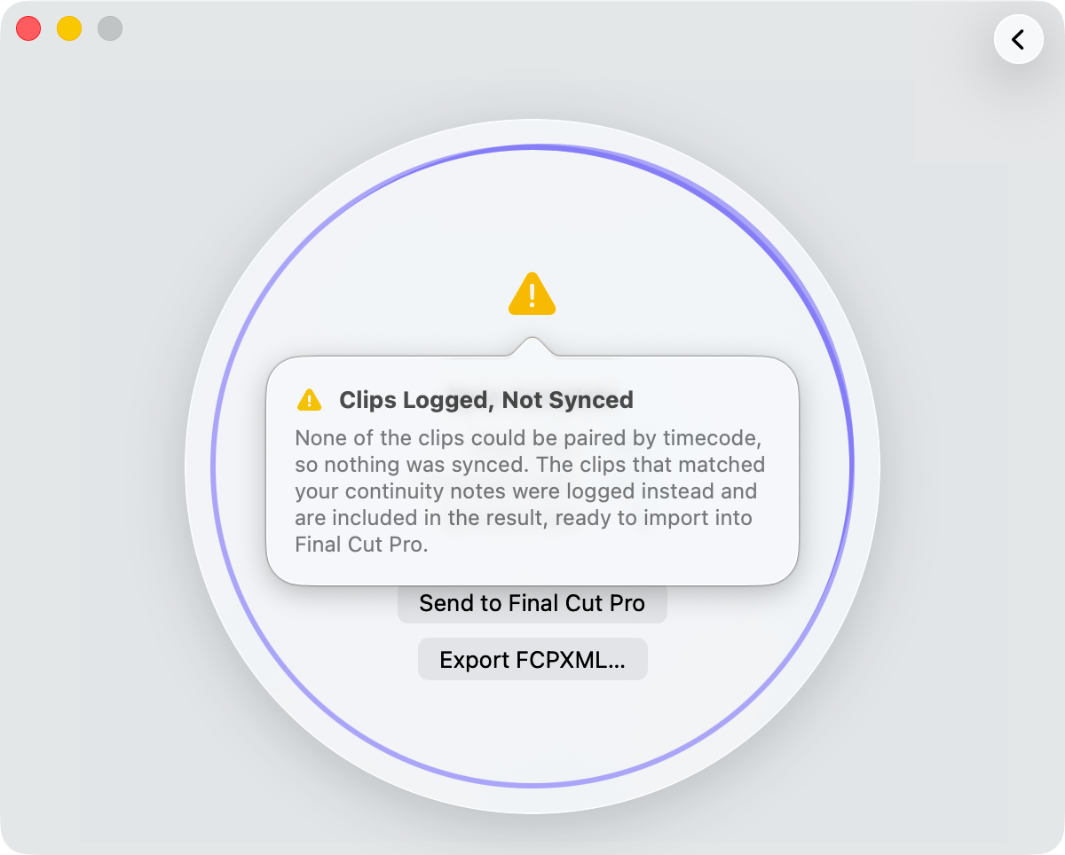 The logging warning icon in sync results indicates that some clips weren't synced but they were logged instead. Click in the warning icon to find out what went wrong.