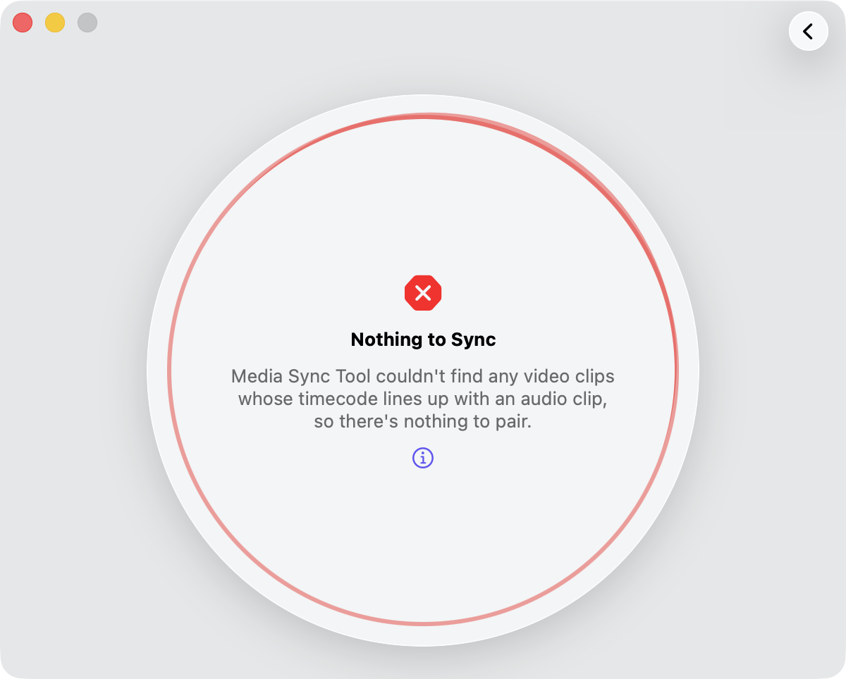 A Media Sync Tool error dialog interrupting a sync, showing a short description of the problem and a suggested action to resolve it before trying again.