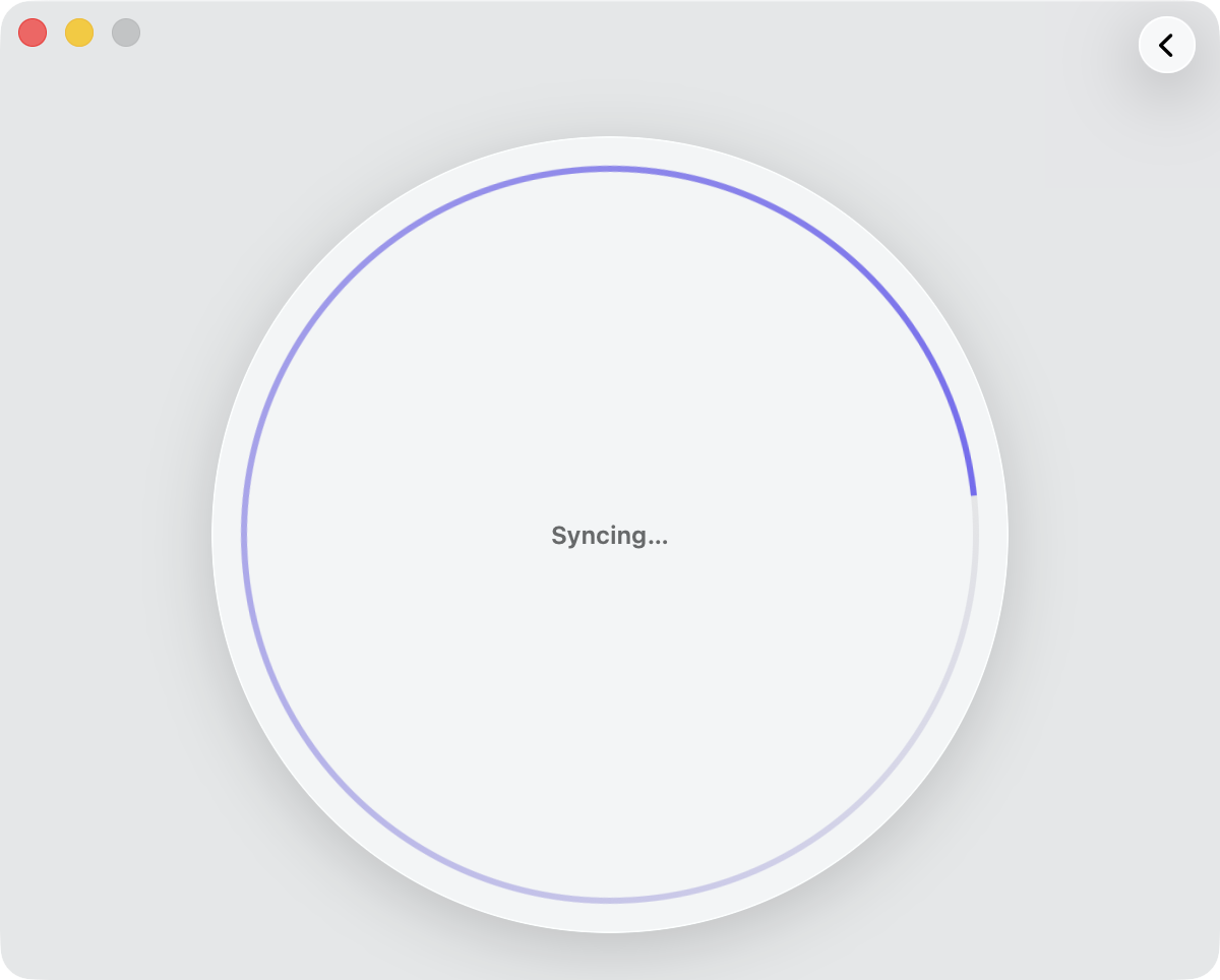 Media Sync Tool's window showing the circular progress ring mid-sync — a rotating accent arc with the label Syncing in its centre.