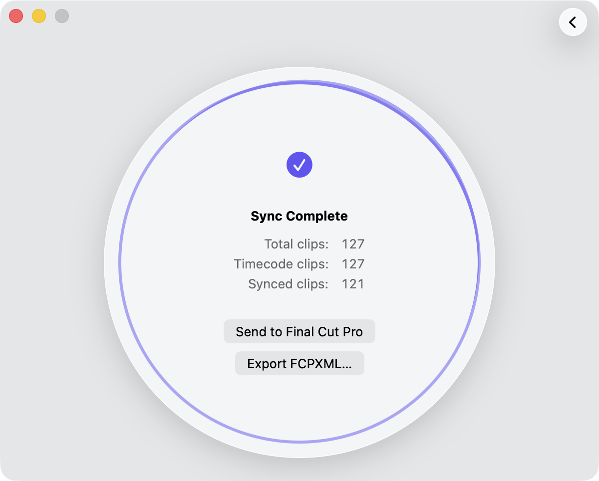 The Media Sync Tool sync results window, with log of synced and not-synced clips.