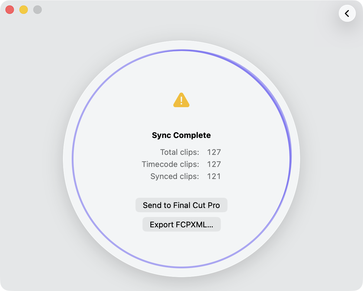The warning icon in sync results indicates that some clips weren't synced. Click in the warning icon to find out what went wrong.